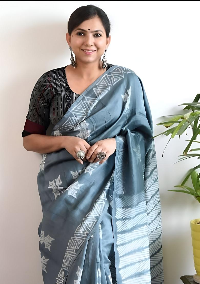 Grey Machine Embroidered Chanderi Cotton Saree Set