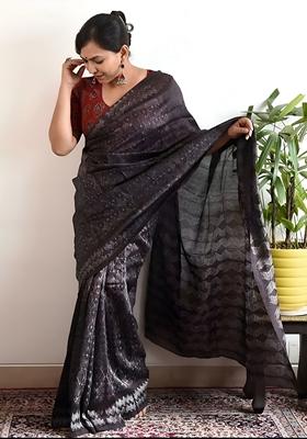 Grey Machine Embroidered Chanderi Cotton Saree Set