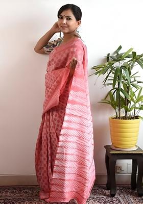 Pink Machine Embroidered Chanderi Cotton Saree Set