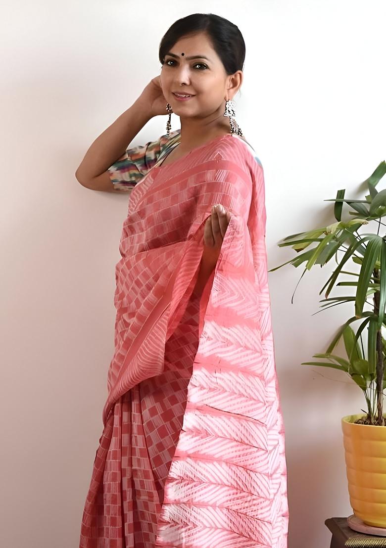 Pink Machine Embroidered Chanderi Cotton Saree Set