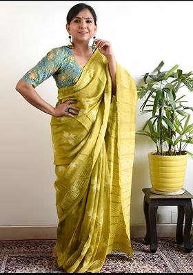Olive Green Machine Embroidered Chanderi Cotton Saree Set