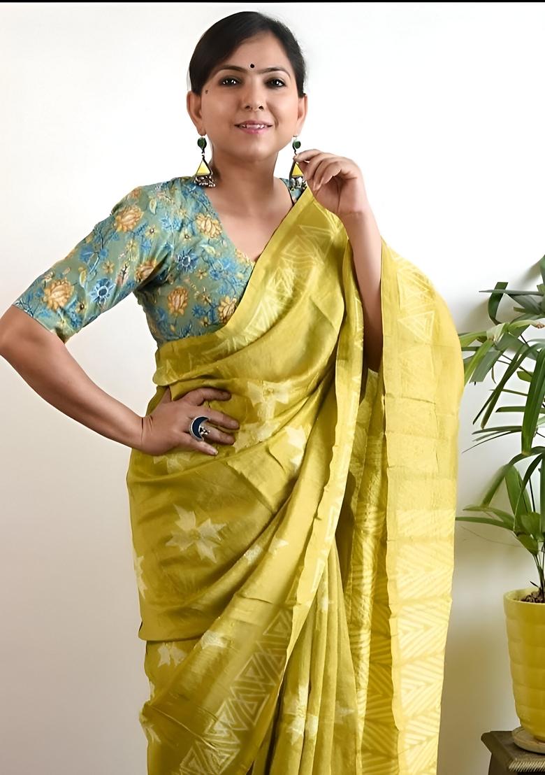 Olive Green Machine Embroidered Chanderi Cotton Saree Set