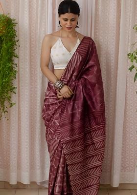 Maroon Machine Embroidered Chanderi Cotton Saree Set