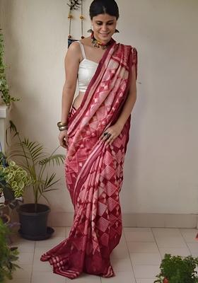 Maroon Machine Embroidered Chanderi Cotton Saree Set
