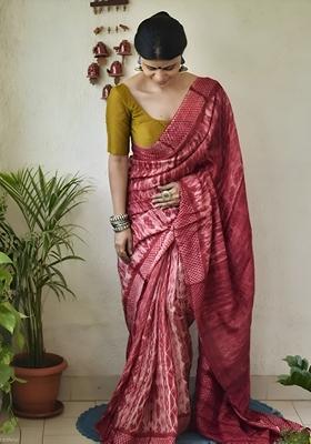 Maroon Machine Embroidered Chanderi Cotton Saree Set