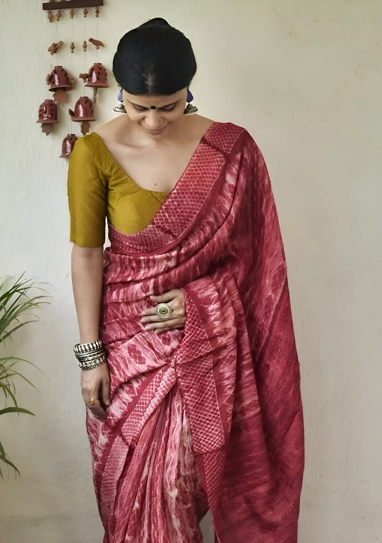 Maroon Machine Embroidered Chanderi Cotton Saree Set