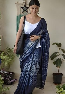 Blue Machine Embroidered Chanderi Cotton Saree Set