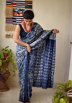 Blue Machine Embroidered Chanderi Cotton Saree Set