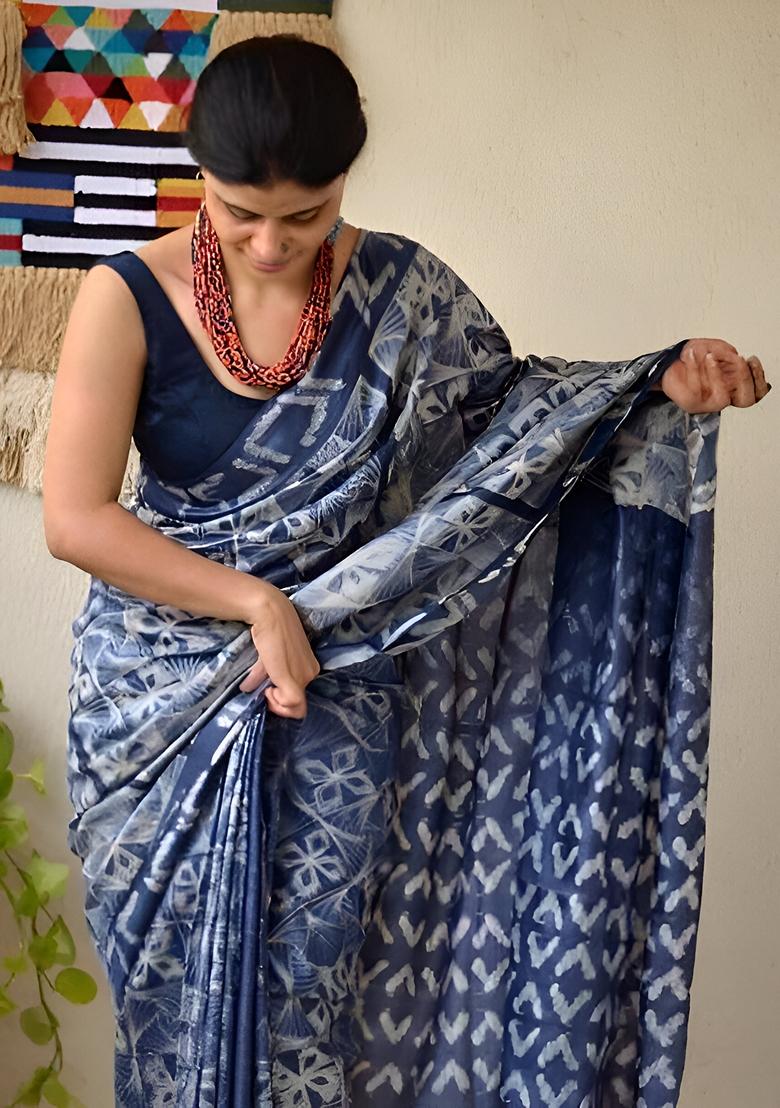 Blue Machine Embroidered Chanderi Cotton Saree Set