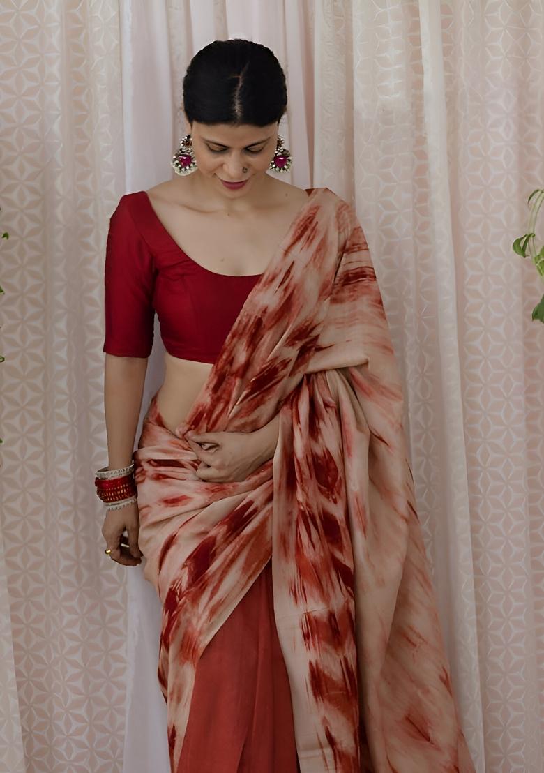 Rust Red Machine Embroidered Chanderi Cotton Saree Set