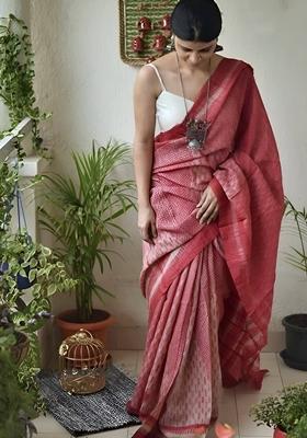 Pink Machine Embroidered Chanderi Cotton Saree Set