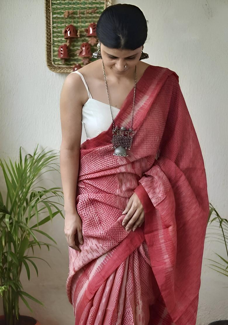 Pink Machine Embroidered Chanderi Cotton Saree Set