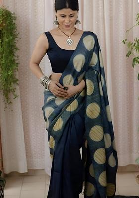 Blue Machine Embroidered Chanderi Cotton Saree Set