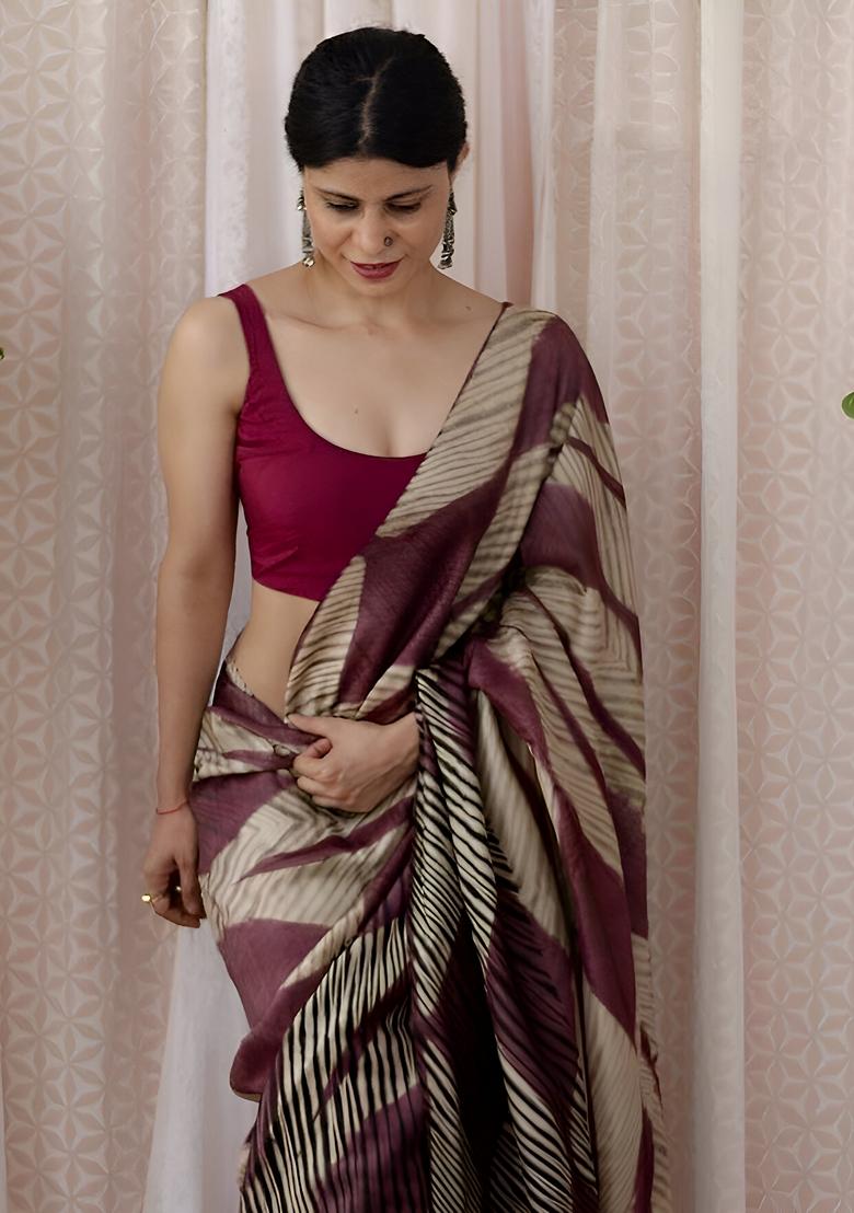 Purple Machine Embroidered Chanderi Cotton Saree Set