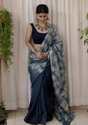 Blue Machine Embroidered Chanderi Cotton Saree Set