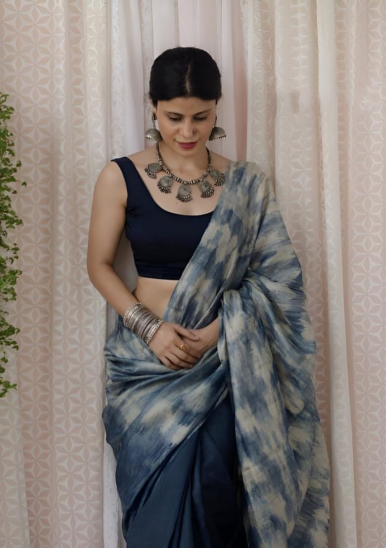 Blue Machine Embroidered Chanderi Cotton Saree Set