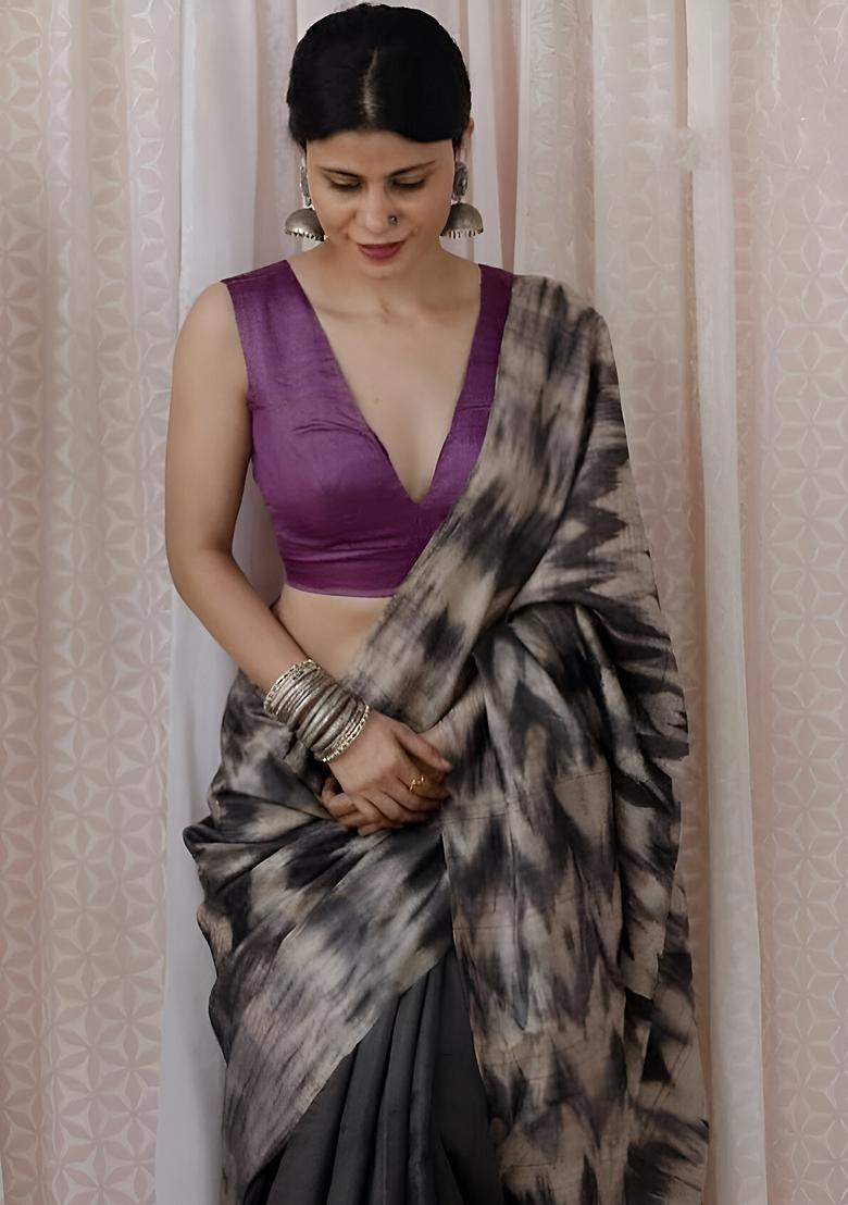 Grey Machine Embroidered Chanderi Cotton Saree Set