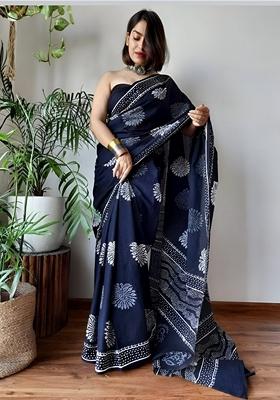Navy Blue Machine Embroidered Linen Saree Set