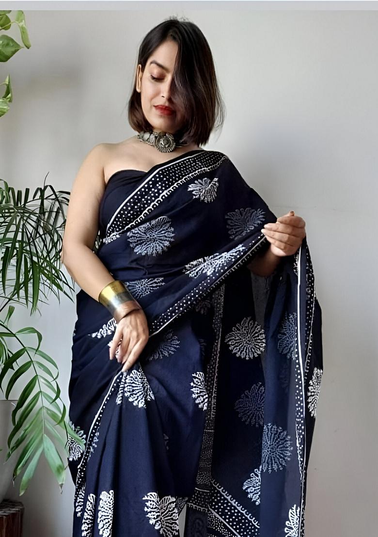 Navy Blue Machine Embroidered Linen Saree Set