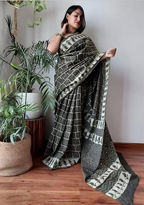 Grey Machine Embroidered Linen Saree Set