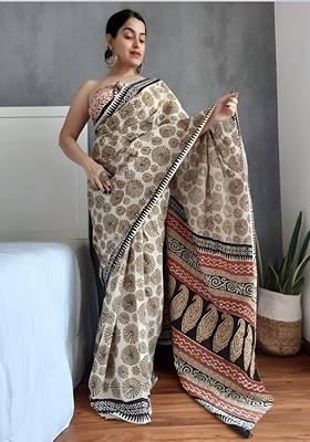 Cream Machine Embroidered Linen Saree Set