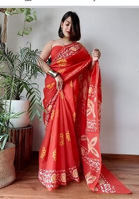 Orange Machine Embroidered Linen Saree Set