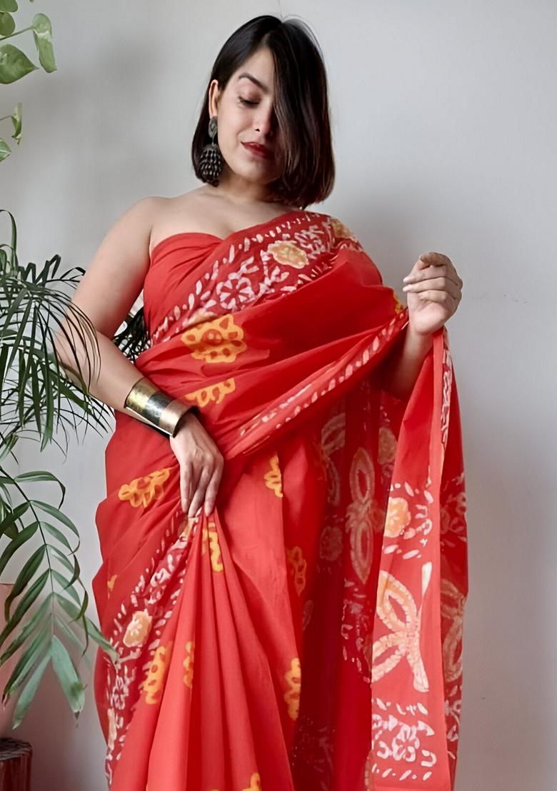 Orange Machine Embroidered Linen Saree Set