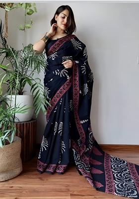 Navy Blue Machine Embroidered Linen Saree Set