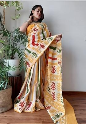 Multicolor Machine Embroidered Linen Saree Set
