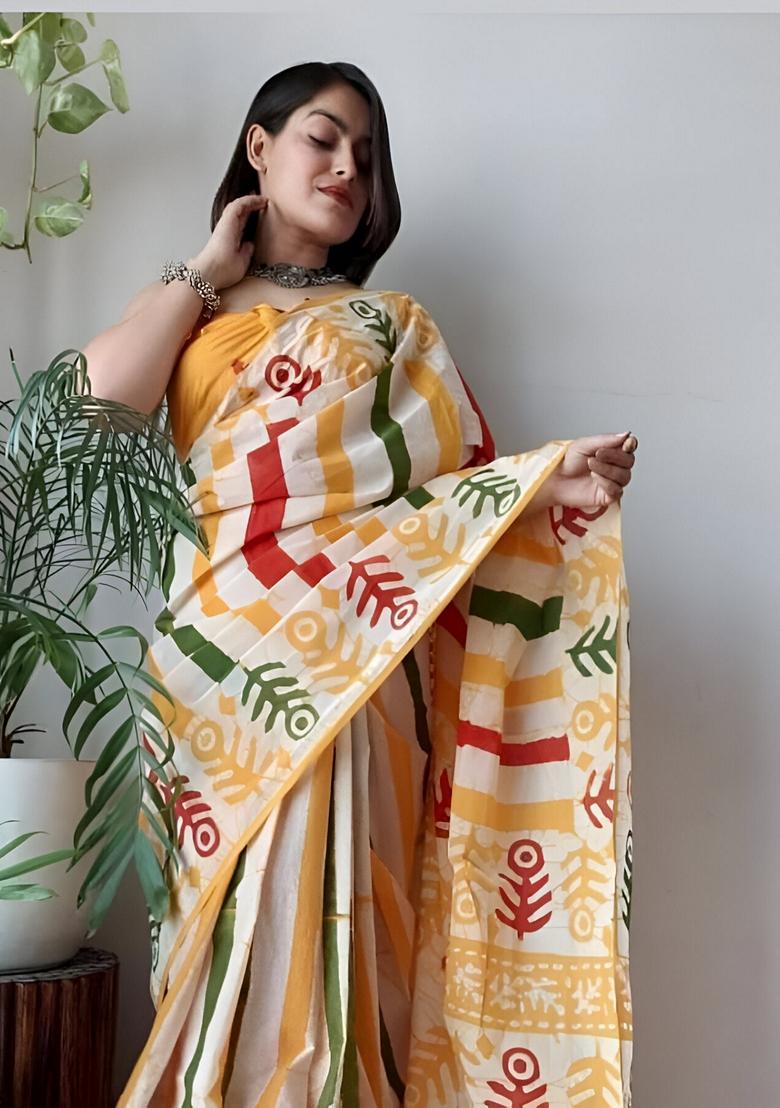 Multicolor Machine Embroidered Linen Saree Set