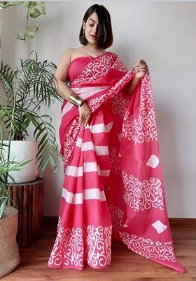 Pink Machine Embroidered Linen Saree Set