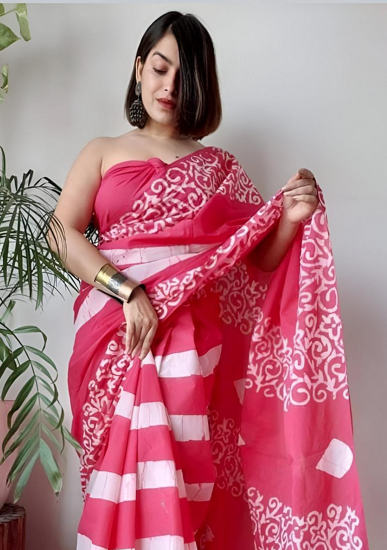 Pink Machine Embroidered Linen Saree Set