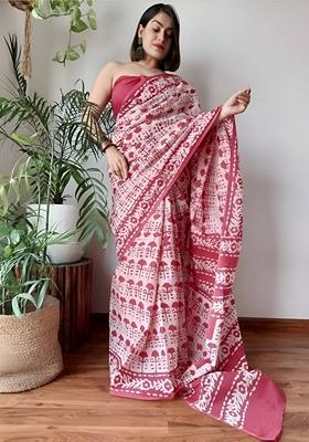 White Machine Embroidered Linen Saree Set