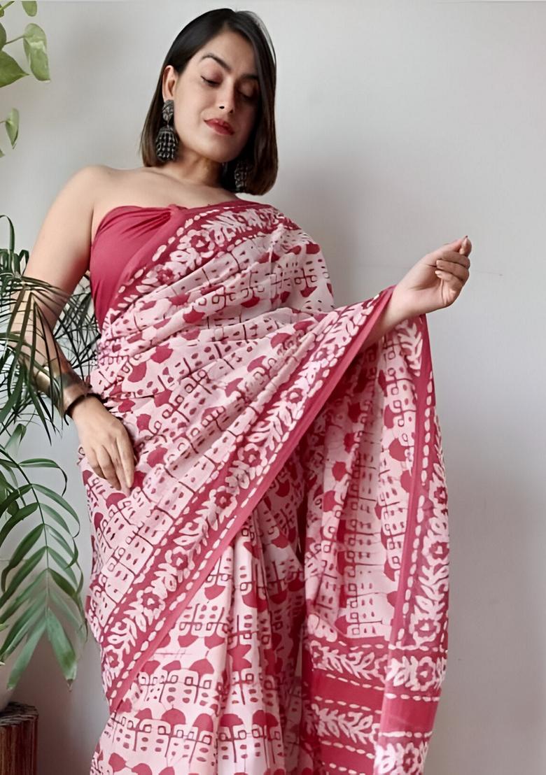 White Machine Embroidered Linen Saree Set