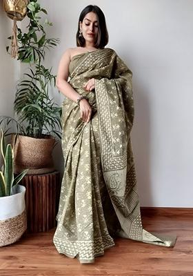 Olive Green Machine Embroidered Linen Saree Set