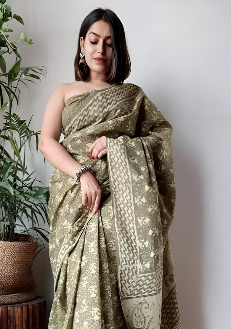 Olive Green Machine Embroidered Linen Saree Set