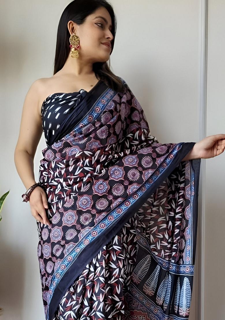 Black Machine Embroidered Linen Saree Set