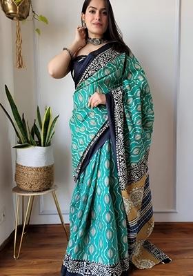 Light Blue Machine Embroidered Linen Saree Set