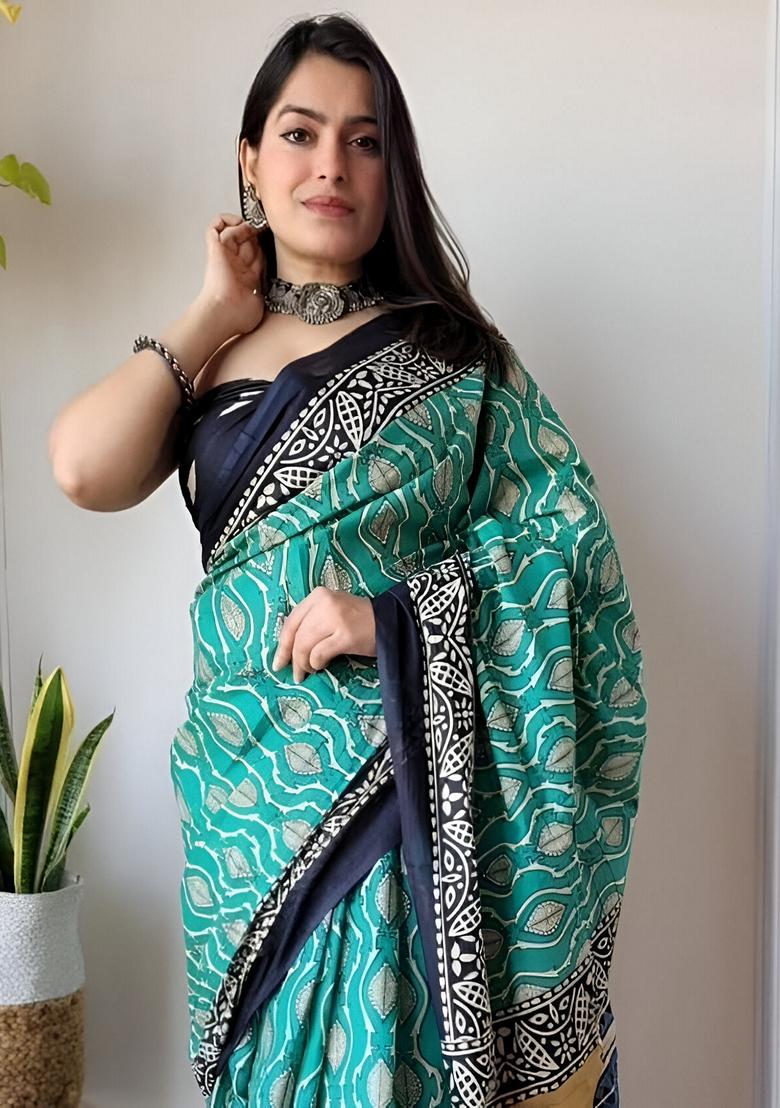 Light Blue Machine Embroidered Linen Saree Set