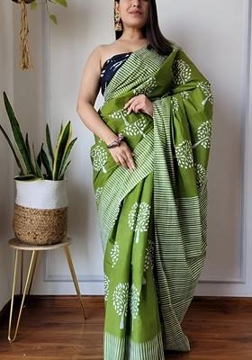 Green Machine Embroidered Linen Saree Set