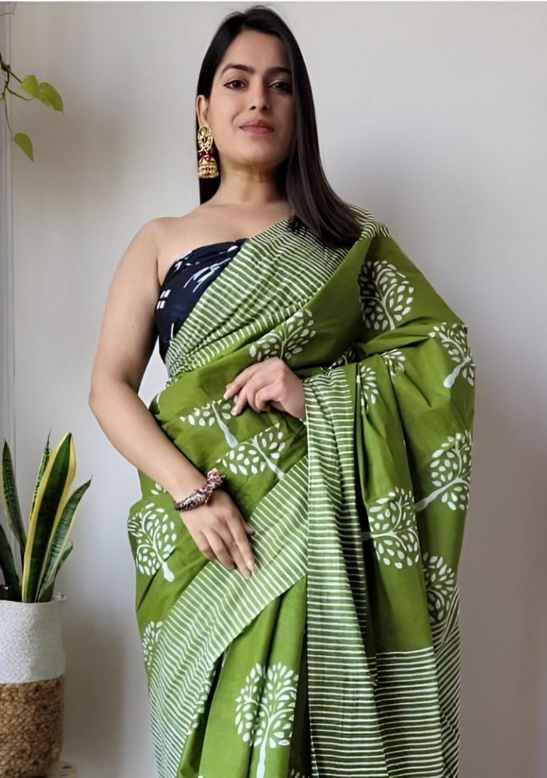 Green Machine Embroidered Linen Saree Set