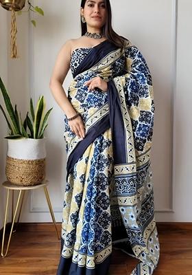 Cream Machine Embroidered Linen Saree Set