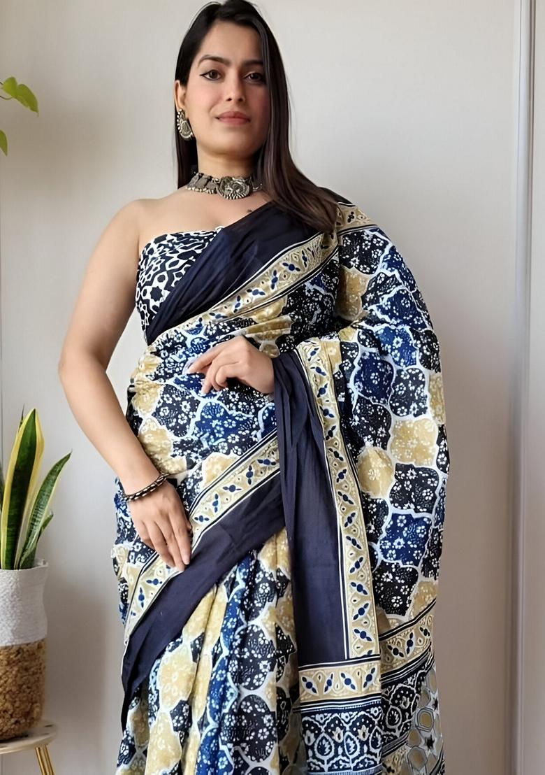 Cream Machine Embroidered Linen Saree Set