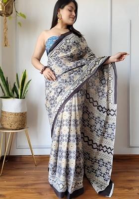 Cream Machine Embroidered Linen Saree Set