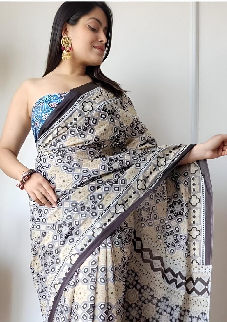 Cream Machine Embroidered Linen Saree Set