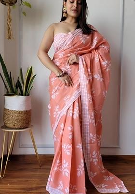 Peach Machine Embroidered Linen Saree Set