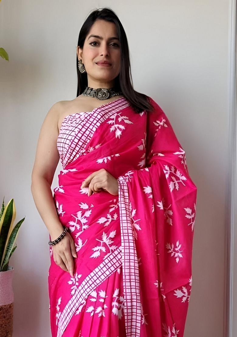 Pink Machine Embroidered Linen Saree Set