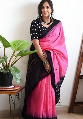 Pink Machine Embroidered Linen Saree Set