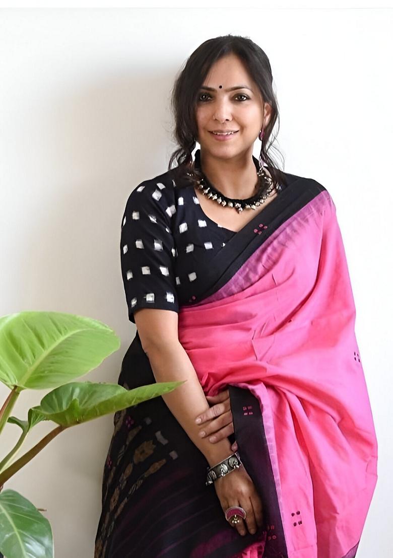 Pink Machine Embroidered Linen Saree Set