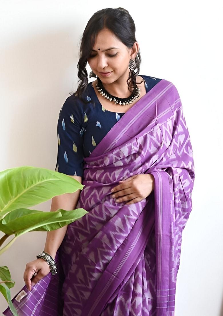 Purple Machine Embroidered Linen Saree Set